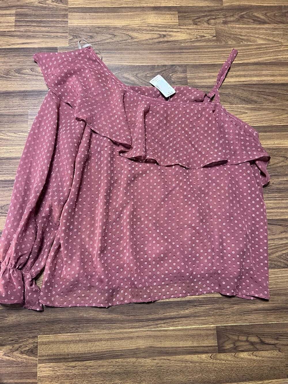 B.Wear Dusty Rose Swiss Dot One-Shoulder Ruffle Blouse